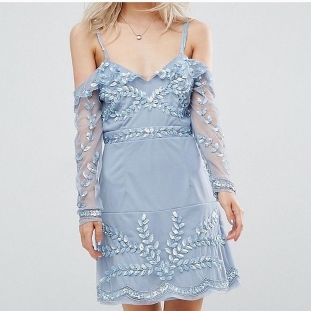 Light Blue Cold Shoulder Embellished Mini Dress
